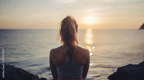 Back view of beautiful woman harmonizing body and soul by the ocean - Generative AI photo