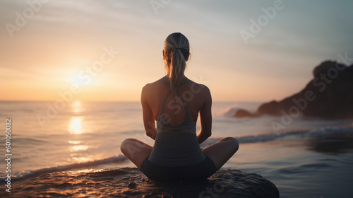 Unrecognizable stunning woman meditating by the ocean - Generative AI photo