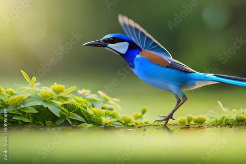 Highly detailed a beautiful jay bird A colorful bird sits on a branch with a green background © Micromedia