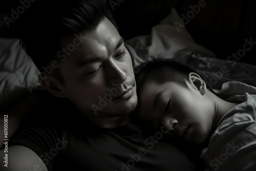Happy father and son laying together on bed with baby, Asian family, generative ai