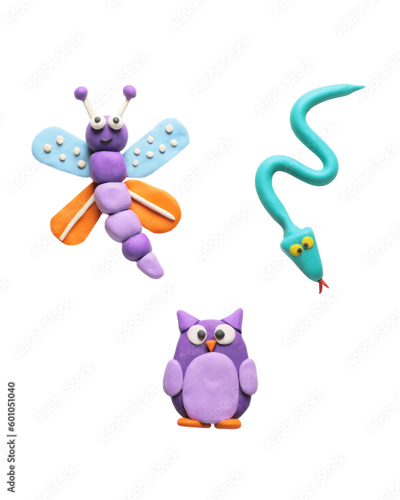 Colorful plasticine, butterfly, snake and owl on white background, top view