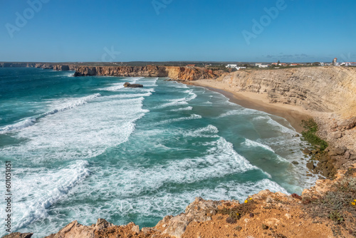 Spectacular views of Praia do Tonel (Tonel beach), a surfers' paradise, Sagres Point (Ponta de Sagres) a stunning windswept promontory  near Cape St. Vincent (Cabo de São Vicente), Algarve, Portugal