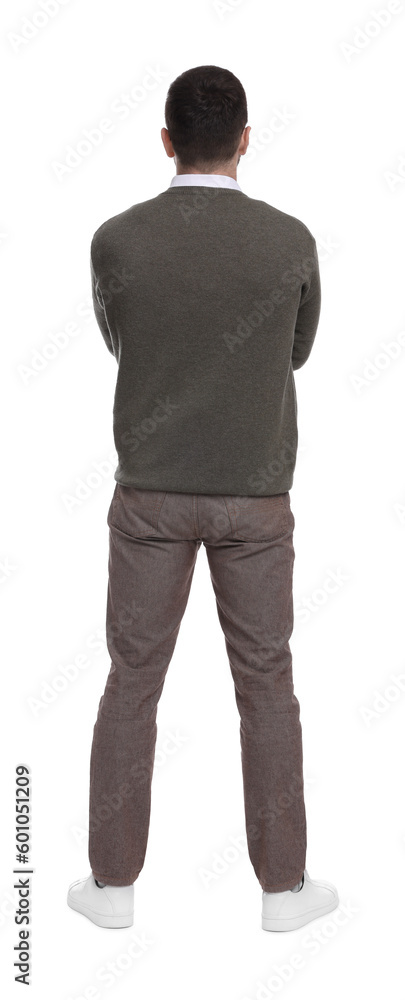 Businessman standing on white background, back view Businessman standing on white background, back view
