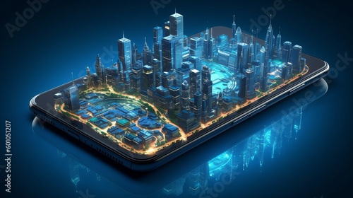 3D smartphone phone with city on screen Generative AI