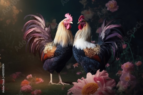Portrait of rooster with flowers. Generative AI