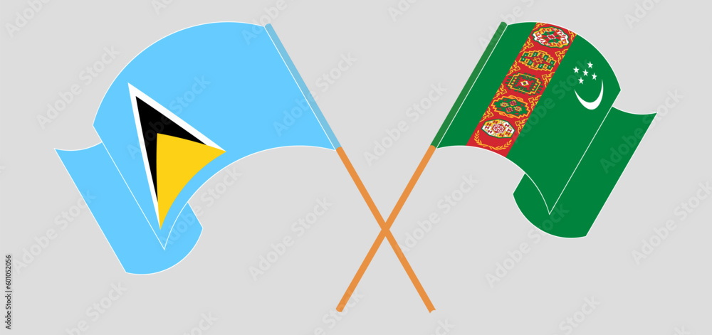 Crossed and waving flags of Saint Lucia and Turkmenistan Crossed and waving flags of Saint Lucia and Turkmenistan