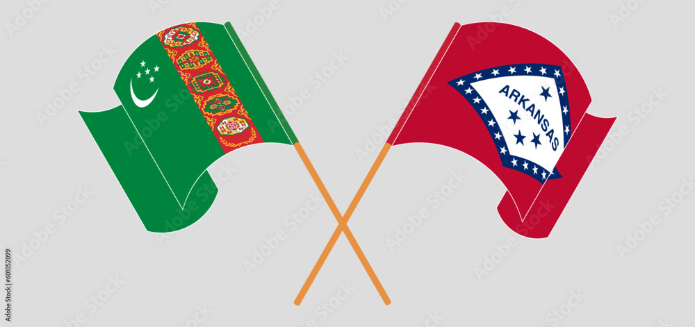 Crossed and waving flags of Turkmenistan and The State of Arkansas Crossed and waving flags of Turkmenistan and The State of Arkansas