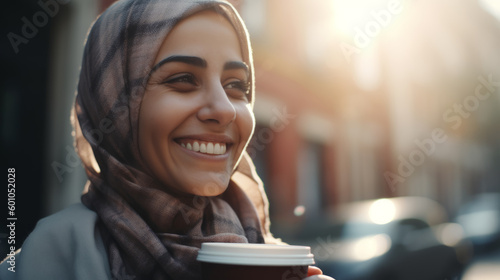 A young happy smiling young woman, an Arab woman with a cup of coffee in her hand, walks through the city at the golden hour. Photo generated by AI