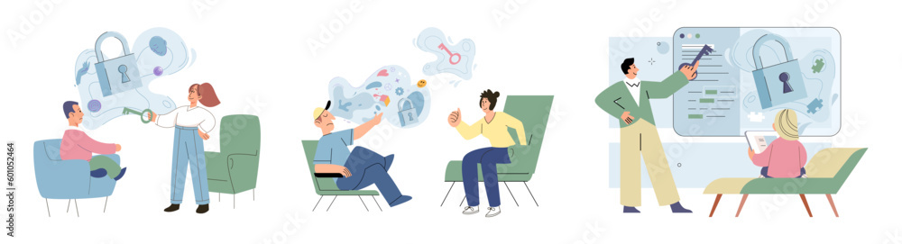 Concept of addiction treatment in group therapy. Person talking to psychotherapist. Private psychology, psychotherapy help concept. Mental therapy sessions with psychotherapists. Open mind game