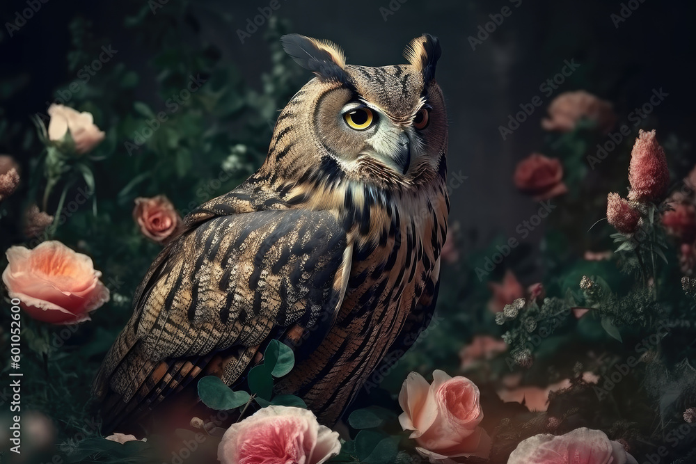 Portrait of owl with flowers. Generative AI Portrait of owl with flowers. Generative AI