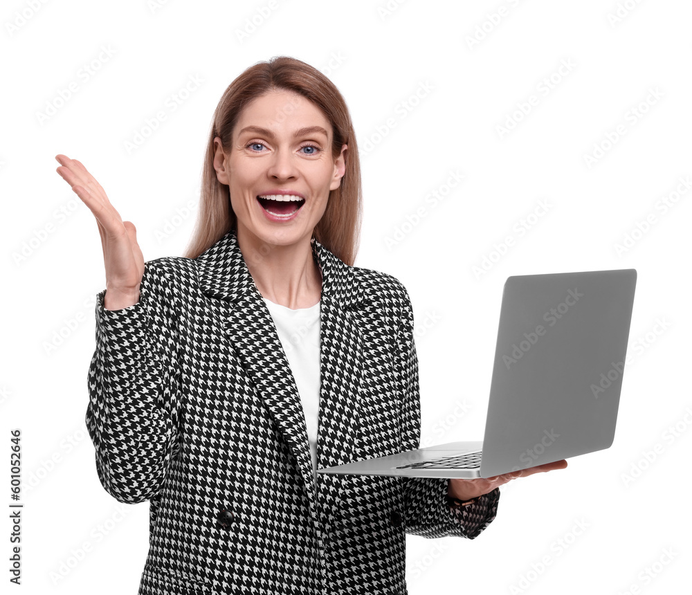 Beautiful excited businesswoman with laptop on white background Beautiful excited businesswoman with laptop on white background