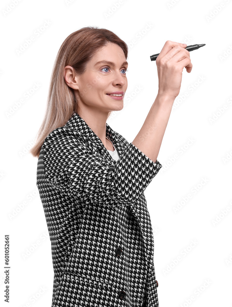 Beautiful happy businesswoman with marker on white background Beautiful happy businesswoman with marker on white background
