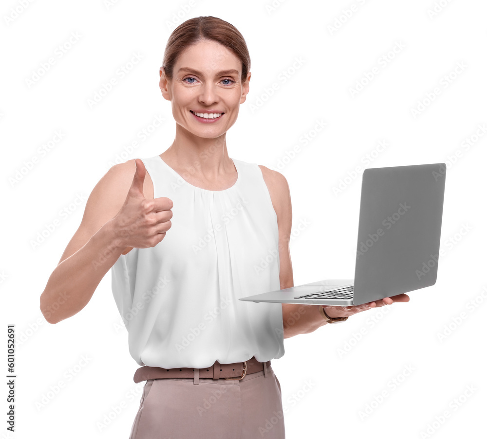 Beautiful happy businesswoman with laptop showing thumb up on white background Beautiful happy businesswoman with laptop showing thumb up on white background