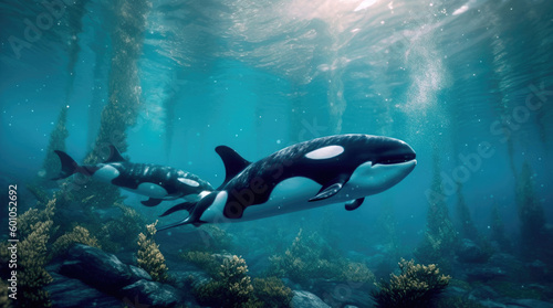Killer whales  orcas  swim under blue water