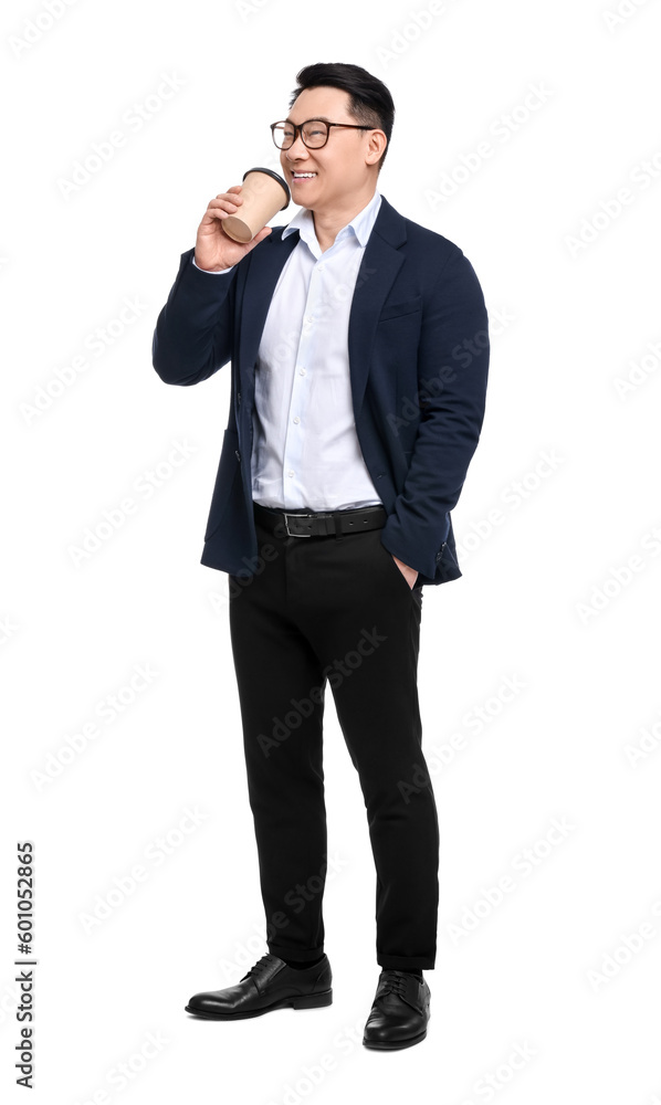 Businessman in suit with cup of drink on white background Businessman in suit with cup of drink on white background