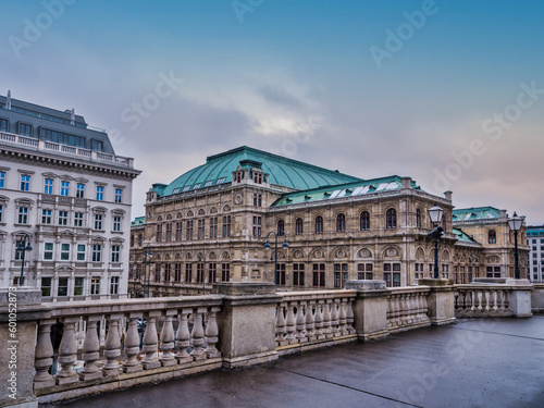 Vienna Operahouse shot from Austrian Film Museum during a winter sunset, Vienna, Austria