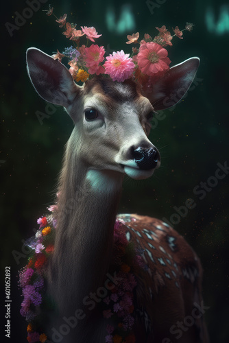 Portrait of deer in flower. Generative AI