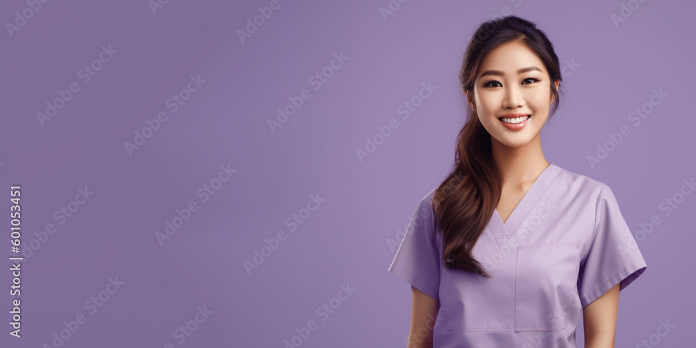 Attractive woman wearing medical scrubs, isolated on purple background. Place holder, copy space banner for medical and beauty industry Attractive woman wearing medical scrubs, isolated on purple background. Place holder, copy space banner for medical and beauty industry