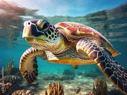 Sea turtle swims under blue water © Venka