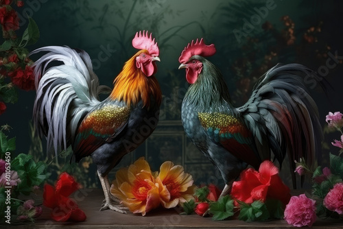 Portrait of rooster with flowers. Generative AI © Yulia Furman