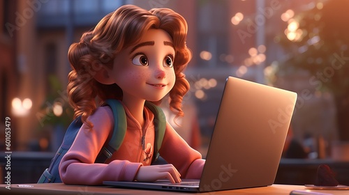 3D Girl sitting at a laptop Generative AI