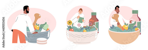 Herbal oils natural medicines. Scientist or doctor making alternative medicine herb, mortar, laboratory glassware plant in tube, flower. Doctor checking medicinal herbs. Herbal medicine. Drug research