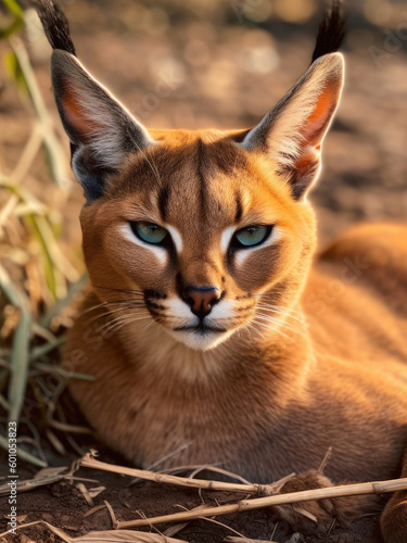 Cat caracal in the wild sits on the ground and looks at the camera. © Veniamin Kraskov