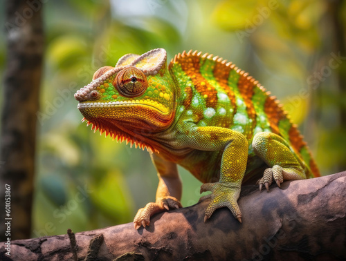 The chameleon sits on a branch and hunts for insects. © Veniamin Kraskov