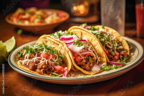 Tacos. Crispy flour and corn tortillas filled with sausage, cheese, salsa and guacamole. Classic Tex-Mex or Mexican restaurant entrée favorite. Ai generative