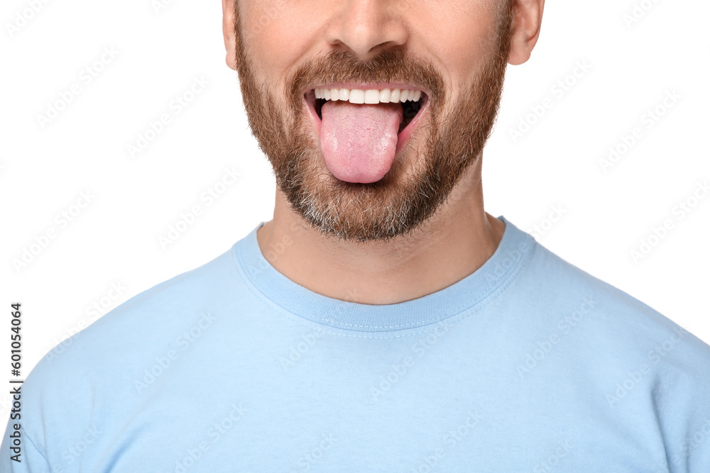 Man showing his tongue on white background, closeup Man showing his tongue on white background, closeup