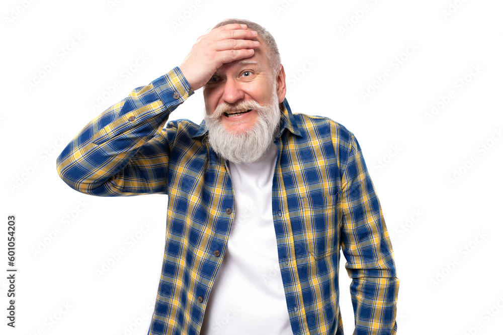 elderly gray-haired retired man with mustache and beard laughing elderly gray-haired retired man with mustache and beard laughing