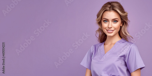 Attractive woman wearing medical scrubs, isolated on purple background. Place holder, copy space banner for medical  and beauty industry