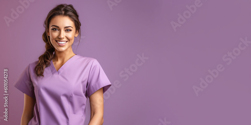 Print op canvas Attractive woman wearing medical scrubs, isolated on purple background