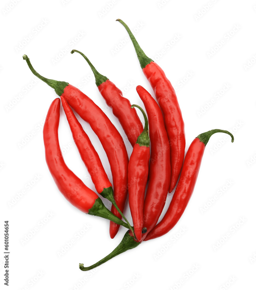 Red hot chili peppers isolated on white, top view