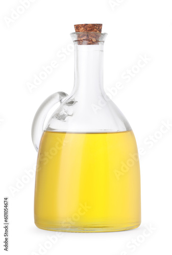 Glass jug of cooking oil isolated on white