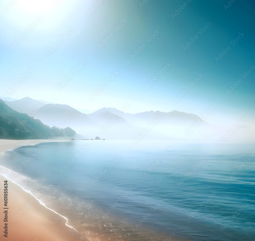 beach in the morning with mountain and waves with fog in the mountains and yellow sand 