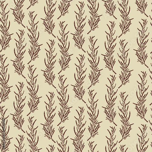 Herbal seamless pattern with rosemary on beige background. Kitchen fragrant herb.