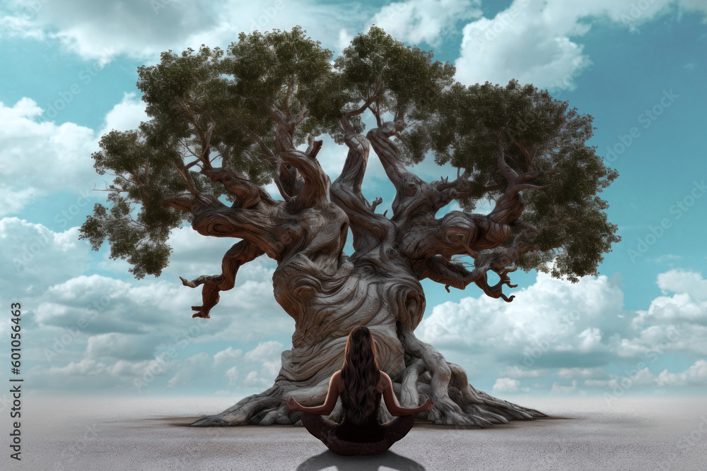 Woman meditating from big tree. ai generative.  ia generativa