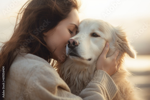 Close-up of a woman showing affection while petting her dog, generative ai