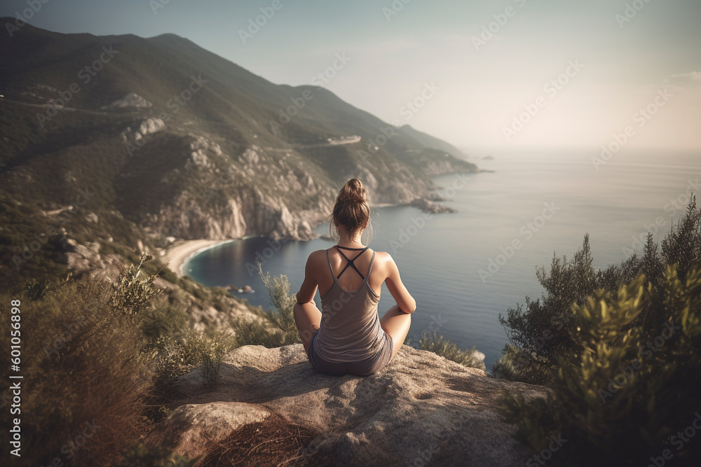 Back view of woman in deep meditation on mountain peak - Generative Ai Back view of woman in deep meditation on mountain peak - Generative Ai