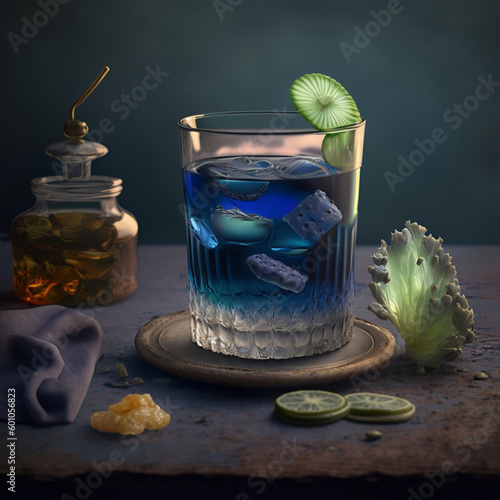 A glass of blue drink with ice and a bottle of alcohol sit on a table Generative AI photo