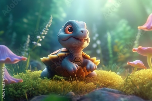 a cute adorable baby turtle in nature rendered in the style of children-friendly cartoon animation fantasy style  created by AI photo