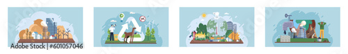Toxic waste from human set. Industries create pollution and cities affected by pollution. Climate change cycle dried or dry cracked land suffering from drought. Weather global greenhouse warming risks