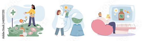 Natural herbal medication researches in laboratory. Traditional medicine concept. Scientist doctors characters make drugs of medical plants, herbal ingredients, extracts, preparing homeopathic recipes