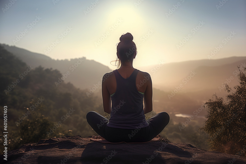 © MxCaptures - Back view of beautiful girl immersing herself in mountain meditation bliss - Generative AI © MxCaptures - Back view of beautiful girl immersing herself in mountain meditation bliss - Generative AI