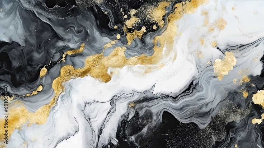 Black, White and Gold Veins Marble Texture Background. AI generative.