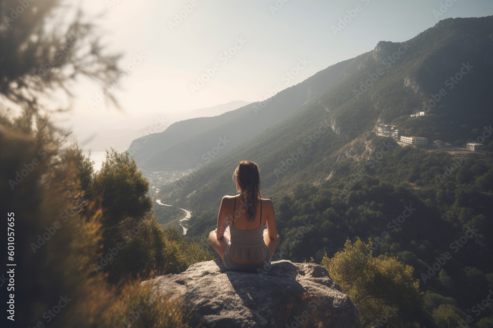 Photo from behind of lady in mindful meditation, captivated by mountain vista - Generative AI Photo from behind of lady in mindful meditation, captivated by mountain vista - Generative AI