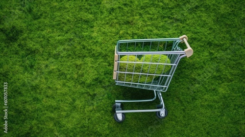 Top view of shopping cart on green grass moss background