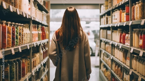 Woman shopping in supermarket between shelves