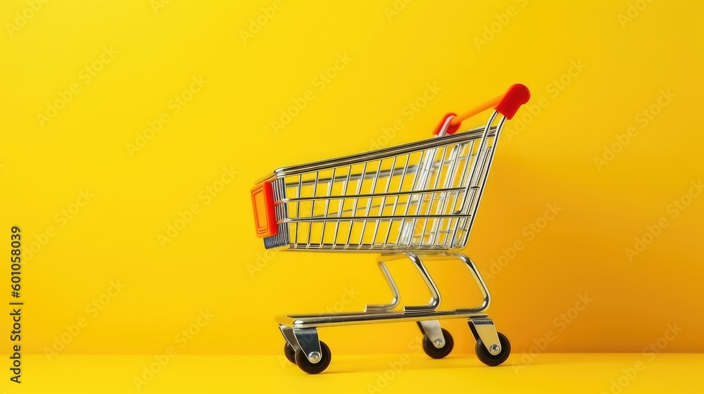 Yellow background with a minimalist shopping cart Yellow background with a minimalist shopping cart